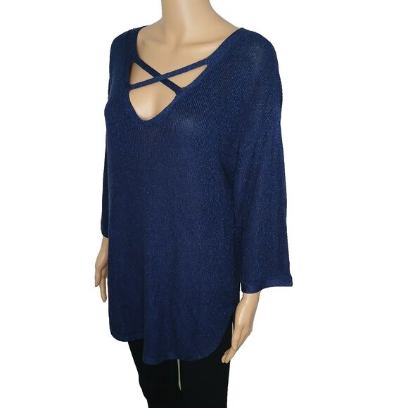 Westport Womens Large Blue Shimmer Criss Cross Front 3/4 Sleeve Tunic Knit Top - Picture 2 of 6